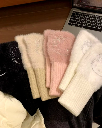 Hello Kitty Half Finger Gloves for Women Fashion Winter Warm Soft Knitting Gloves Casual Cartoon Fingerless Mitten Gifts