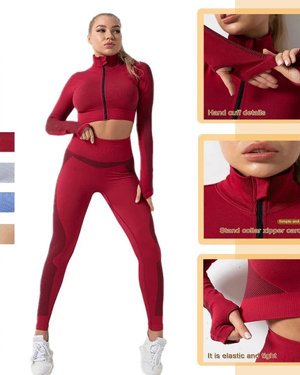 Women Fitness Sport Yoga Suit Seamless Women Yoga Sets Long Sleeve Yoga Clothing Female Sport Gym Suits Wear Running Clothes