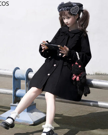 Winter Women'S Woolen Coat Japanese Lolita Style Sweet Kawai Bow A-Line Loose Jackets Female Elegant Fall Korean Fashion Outwear
