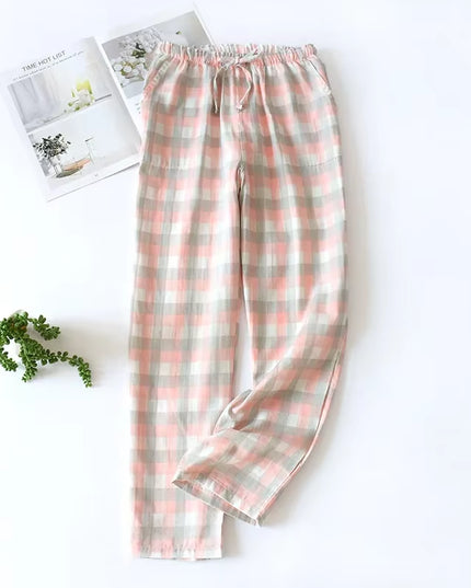 Men'S Cotton Gauze Trousers Plaid Knitted Sleep Pants Woman Pajamas Pants Bottoms Sleepwear Short for Couples Pijama Hombre