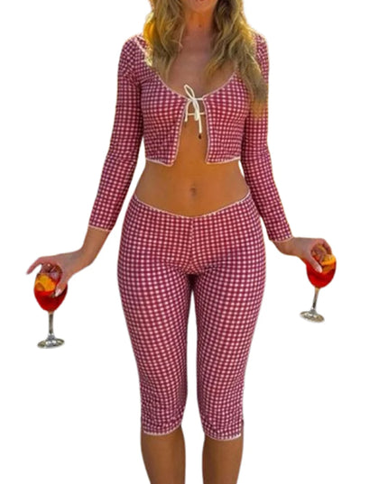 Women Summer Plaid Outfits 3/4 Sleeve Tie Front Halter Neck Tops with Low Waist Capris Pants Set Streetwear 2 Piece Short Sets