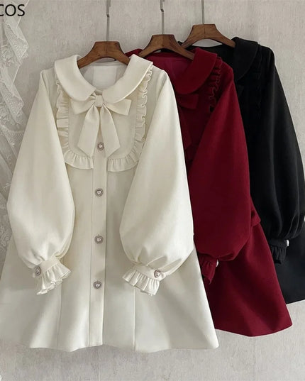 Winter Women'S Woolen Coat Japanese Lolita Style Sweet Kawai Bow A-Line Loose Jackets Female Elegant Fall Korean Fashion Outwear