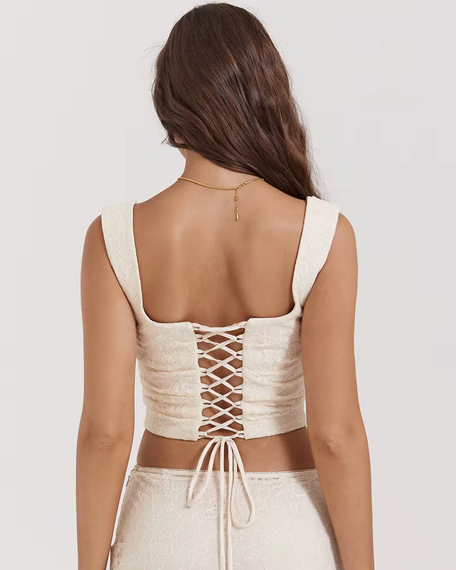 Summer Cropped Top Women 2024 New Arrivals Beige Elegant Lace up Corset Top Sexy Short Causal Female Blouse