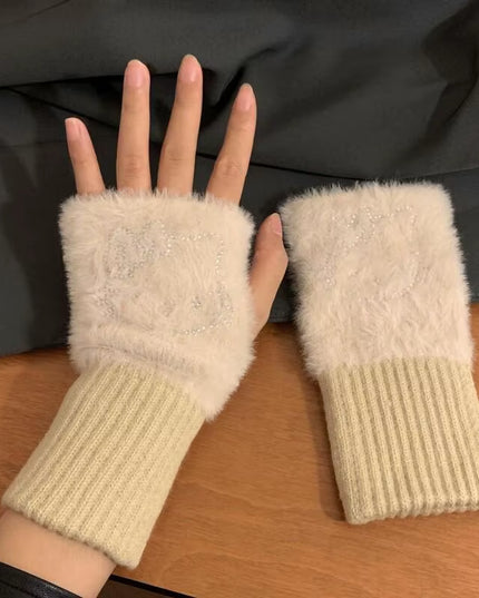 Hello Kitty Half Finger Gloves for Women Fashion Winter Warm Soft Knitting Gloves Casual Cartoon Fingerless Mitten Gifts