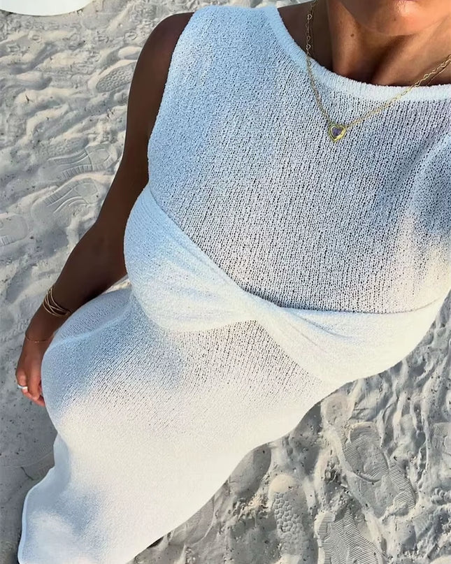 Summer Beach Knit Maxi Dress for Women Cover-Up Pink Sleeveless Twist Sundress Knitwear See-Through Maxi Bodycon Dress New