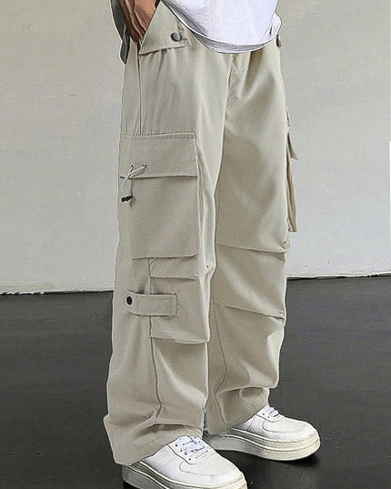 Manfinity Roghcode Men'S Flap Pocket Drawstring Waist Cargo Pants Baggy Long Plain Going Out, Back to School