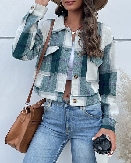 Plaid Lapel Cropped Jacket with Pockets Fashion Button Long Sleeve Short Outwear Tops Coat for Womens Clothing