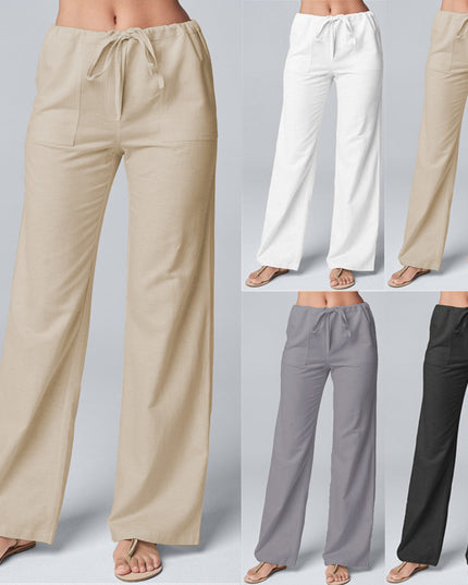 Women'S Fashion Solid Color Loose Lace-Up Cotton and Linen Straight-Leg Pants