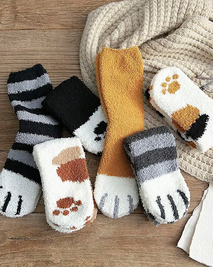 Plush Winter Funny Cute Style Animal Cat Paw Cartoon Pattern Women Cotton Socks Super Soft for Female House Sleeping Floor Sox
