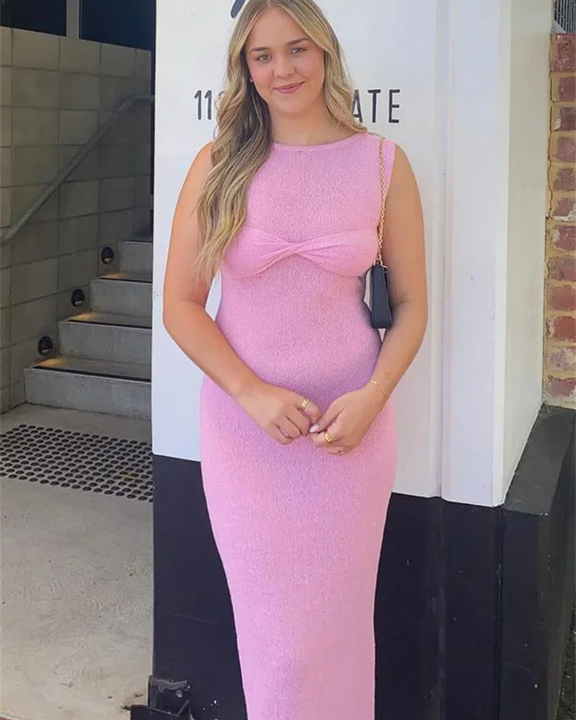 Summer Beach Knit Maxi Dress for Women Cover-Up Pink Sleeveless Twist Sundress Knitwear See-Through Maxi Bodycon Dress New