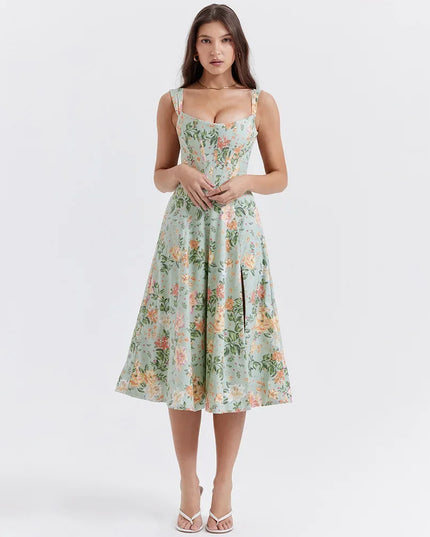 Mingmingxi Summer Dress Woman 2023 Trendy Green Long Lace up Beach Dress Elegant Split Midi Corset Dress Women Clothing
