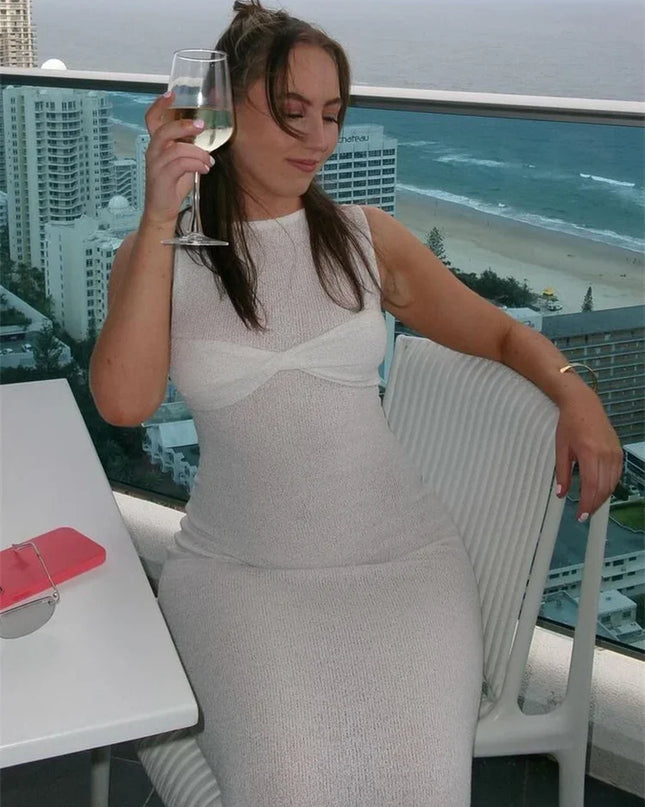 Summer Beach Knit Maxi Dress for Women Cover-Up Pink Sleeveless Twist Sundress Knitwear See-Through Maxi Bodycon Dress New