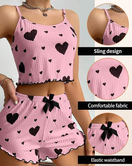 Women'S Pajamas Set Sleepwear 2 PCS Short Tank Tops and Shorts S M L White Ventilate Soft Casual Love Printing
