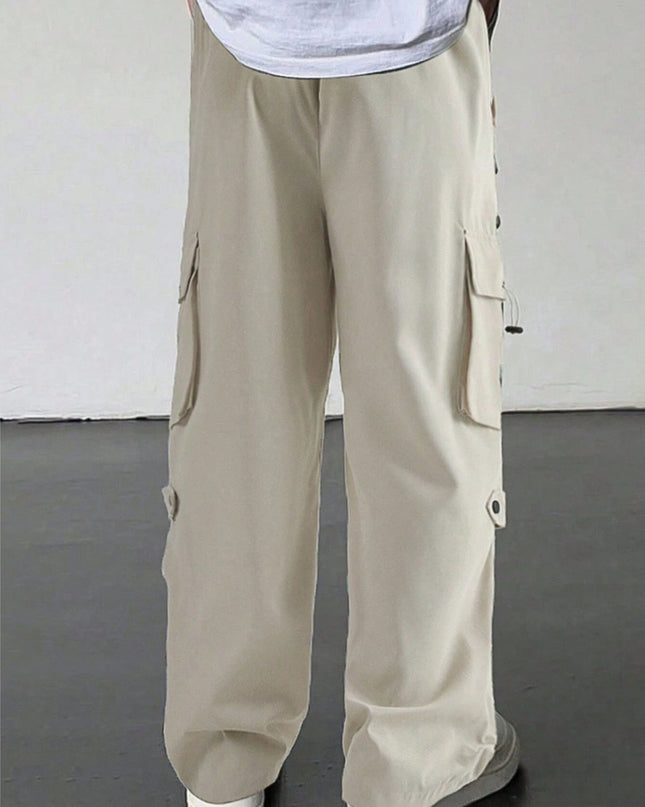 Manfinity Roghcode Men'S Flap Pocket Drawstring Waist Cargo Pants Baggy Long Plain Going Out, Back to School