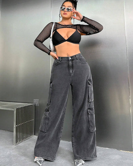 SHEIN ICON Y2K High Waist Black Cargo Pocket plus Size Straight Leg Jeans, Fall Women Clothes