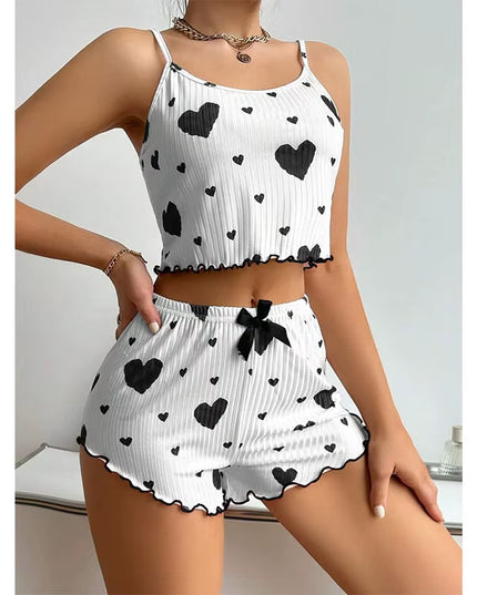 Women'S Pajamas Set Sleepwear 2 PCS Short Tank Tops and Shorts S M L White Ventilate Soft Casual Love Printing