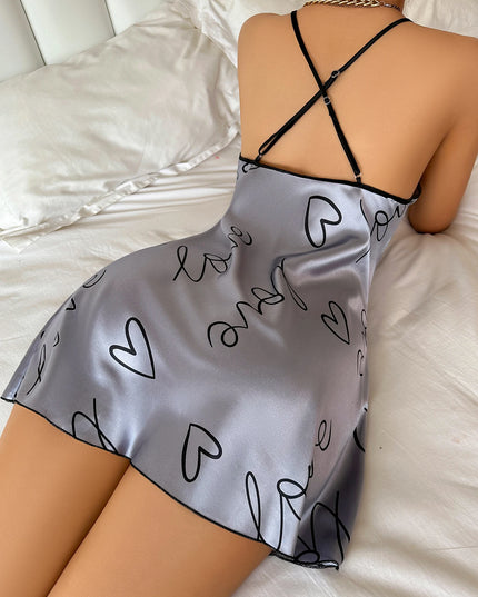 Heart Letter Print Nightdress Casual round Neck Spaghetti Strap Sleep Dress Women'S Sleepwear Dresses