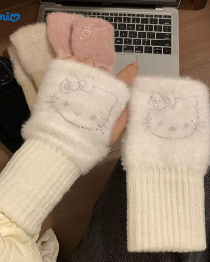 Hello Kitty Half Finger Gloves for Women Fashion Winter Warm Soft Knitting Gloves Casual Cartoon Fingerless Mitten Gifts