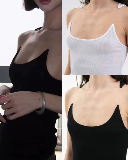Women Summer Sleeveless Cropped Vest Top Solid Color Large Neck Crop Top Invisible Strap Bustier Vest Dropship