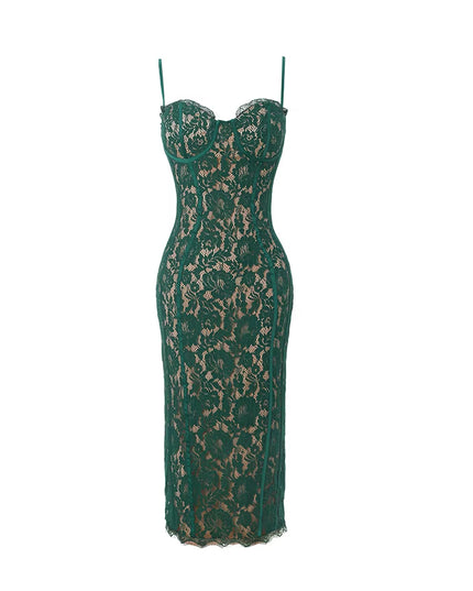 Summer Long Elegant Formal Occasion Dress Green Spaghetti Strap V Neck Lace Dress Vintage Birthday Party Dresses 2023