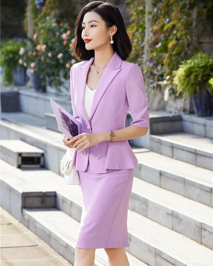 Purple Summer Skirt Suit Set for Women Short Sleeve Ruffle Hem Blazer&Midi Skirt Office Ladies 2 Pieces Work Wear Fashion Suits