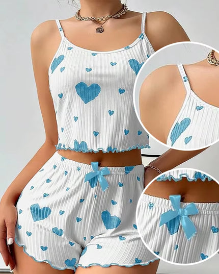 Women'S Pajamas Set Sleepwear 2 PCS Short Tank Tops and Shorts S M L White Ventilate Soft Casual Love Printing