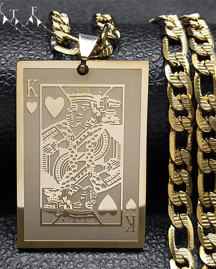 Poker King Spades Hearts K Pendant Necklace for Men Women Stainless Steel Gold Color Hip Hop Punk Necklaces Jewelry N7434S05