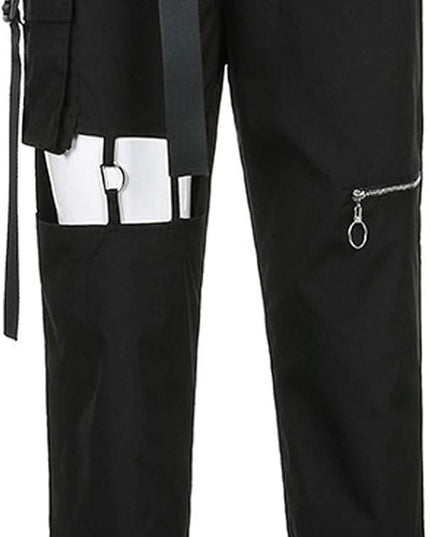 Womens High Waisted Cargo Pants Hollow Punk Pants Pockets Casual Loose Combat Twill Trousers with Belt (Black, L)
