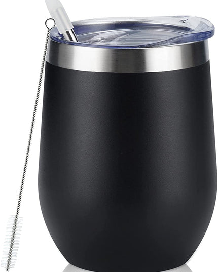 Stainless Steel Wine Tumbler 12Oz, Double Wall Vacuum Insulated Wine Tumbler with Lid and Straw, Stainless Steel Stemless Wine Glass for Wine, Coffee, Cocktails, Champaign, Ice Cream, Black