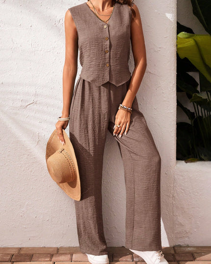 Frenchy 2Pcs/Set Vacation Casual Solid Color Button Front Top and Pants Set