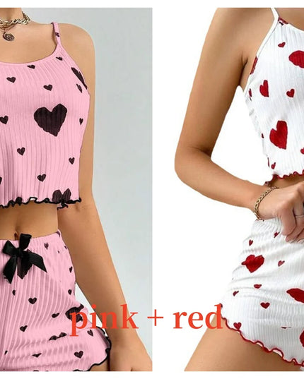 Women'S Pajamas Set Sleepwear 2 PCS Short Tank Tops and Shorts S M L White Ventilate Soft Casual Love Printing