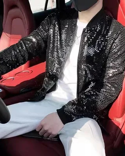 Sequin Diamond Bomber Jackets for Men Silver Plaid Fashion Streetwear Hip Hop Windbreaker Coat Nightclub Singer Stage Costume