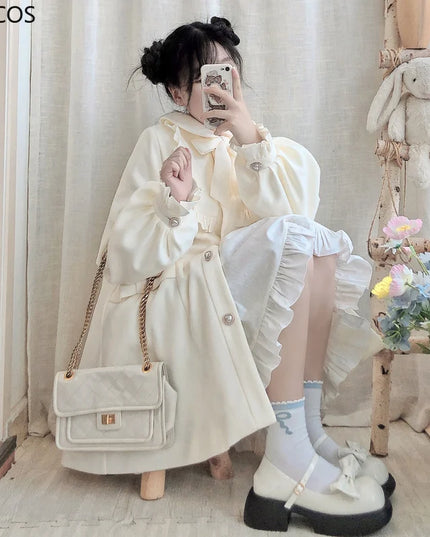 Winter Women'S Woolen Coat Japanese Lolita Style Sweet Kawai Bow A-Line Loose Jackets Female Elegant Fall Korean Fashion Outwear