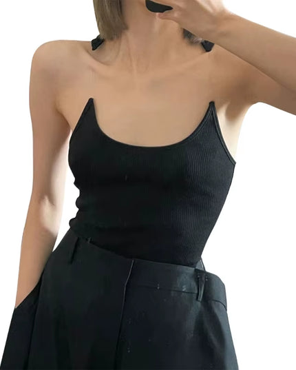 Women Summer Sleeveless Cropped Vest Top Solid Color Large Neck Crop Top Invisible Strap Bustier Vest Dropship