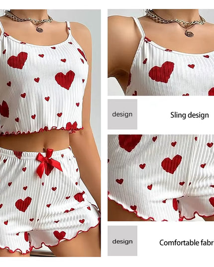 Women'S Pajamas Set Sleepwear 2 PCS Short Tank Tops and Shorts S M L White Ventilate Soft Casual Love Printing