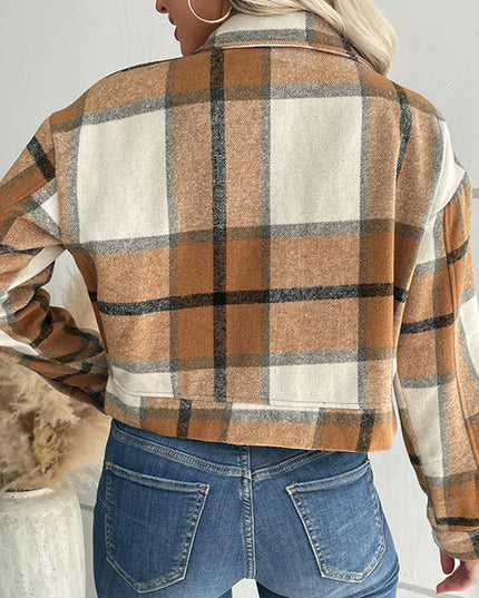 Plaid Lapel Cropped Jacket with Pockets Fashion Button Long Sleeve Short Outwear Tops Coat for Womens Clothing