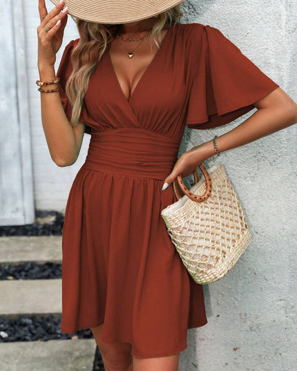 LUNE Plunging Neck Butterfly Sleeve Ruched Waist Dress