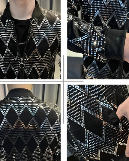 Sequin Diamond Bomber Jackets for Men Silver Plaid Fashion Streetwear Hip Hop Windbreaker Coat Nightclub Singer Stage Costume