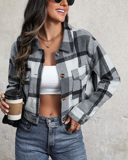 Plaid Lapel Cropped Jacket with Pockets Fashion Button Long Sleeve Short Outwear Tops Coat for Womens Clothing