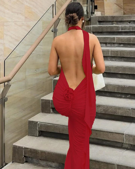 Women's Elegant Floral-Applique Halter Backless Maxi Dress - Summer Party Wear 2024 C83-CE37
