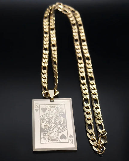 Poker King Spades Hearts K Pendant Necklace for Men Women Stainless Steel Gold Color Hip Hop Punk Necklaces Jewelry N7434S05