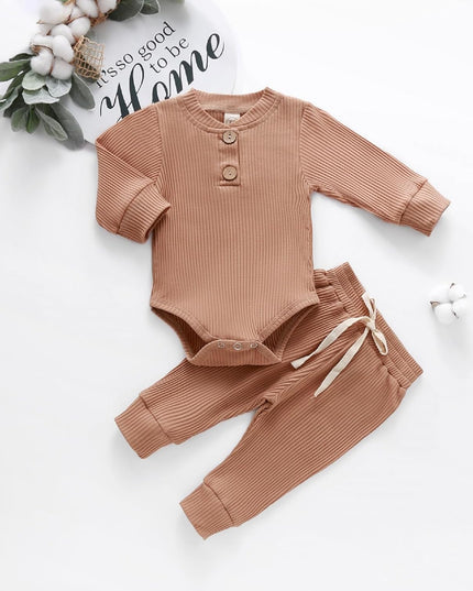 Newborn Baby Boy Girl Clothes Ribbed Knitted Cotton Long Sleeve Romper Long Pants Solid Color Fall Winter Outfits