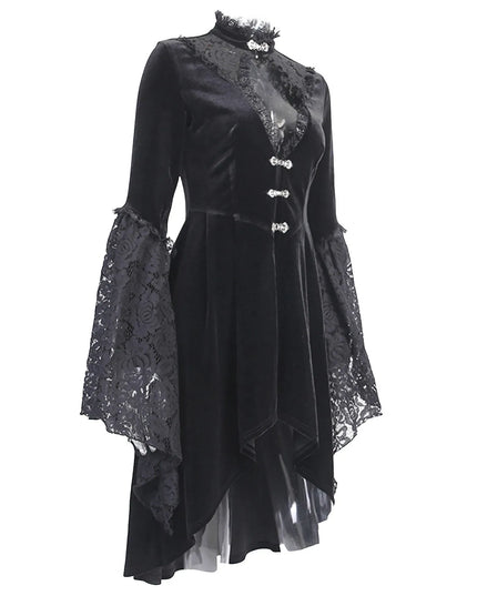 Women Gothic Lace Dress V Neck Hollow Out Flare Long Sleeve Dress Halloween Cosplay Costume Masquerade Party Dress up Vestidos