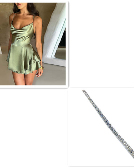 Sexy Suspender Skirt for Women Elegant Slim Strap Satin Backless Lace up A-Line Short Dress Lady