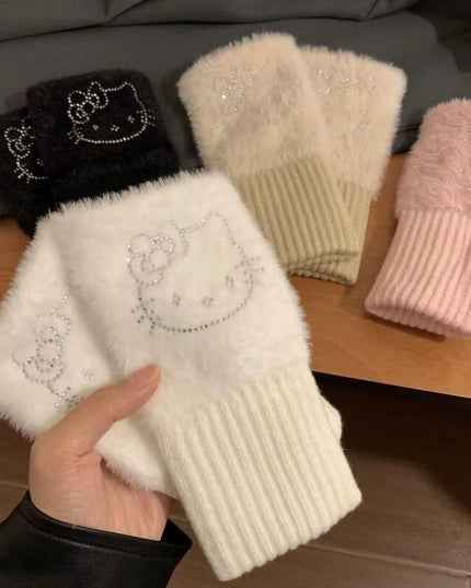 Hello Kitty Half Finger Gloves for Women Fashion Winter Warm Soft Knitting Gloves Casual Cartoon Fingerless Mitten Gifts