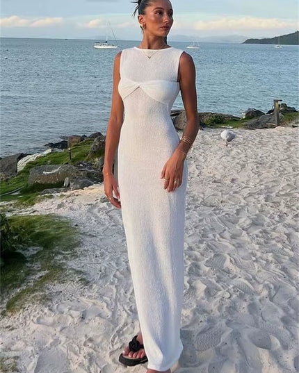 Summer Beach Knit Maxi Dress for Women Cover-Up Pink Sleeveless Twist Sundress Knitwear See-Through Maxi Bodycon Dress New