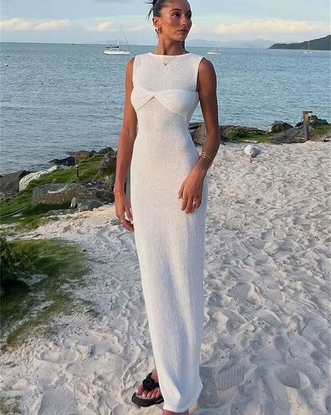 Summer Beach Knit Maxi Dress for Women Cover-Up Pink Sleeveless Twist Sundress Knitwear See-Through Maxi Bodycon Dress New
