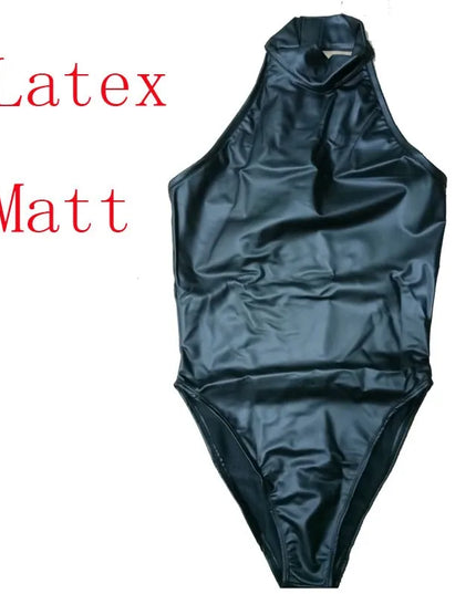 Sexy High Cut Swimsuit High Neck Halter Bodysuit Black One Piece Swimwear Body Suit Latex Catsuit Sexy Night Club Dance Wear