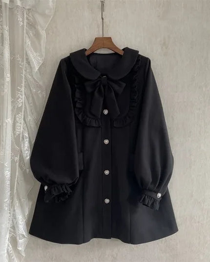Winter Women'S Woolen Coat Japanese Lolita Style Sweet Kawai Bow A-Line Loose Jackets Female Elegant Fall Korean Fashion Outwear