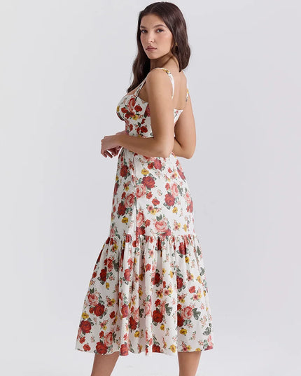 Mingmingxi Summer Elegant Holiday Dress 2024 Causal Ruffle Hems Fit and Flare Dress with Pocket Mid Length Floral Print Dress